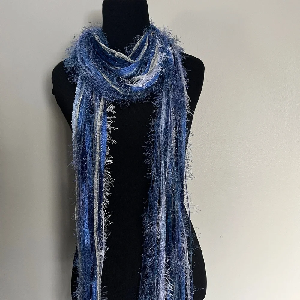 Blue and White Fringed Scarf - Picture 7 of 7